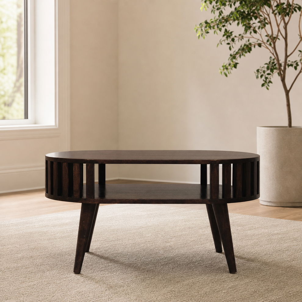 Ariella California Walnut Coffee Table centered in a warm neutral furnished room