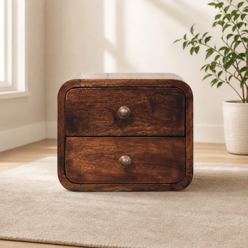 Mini Curved California Walnut Wall Mounted Bedside centered in a warm neutral furnished room