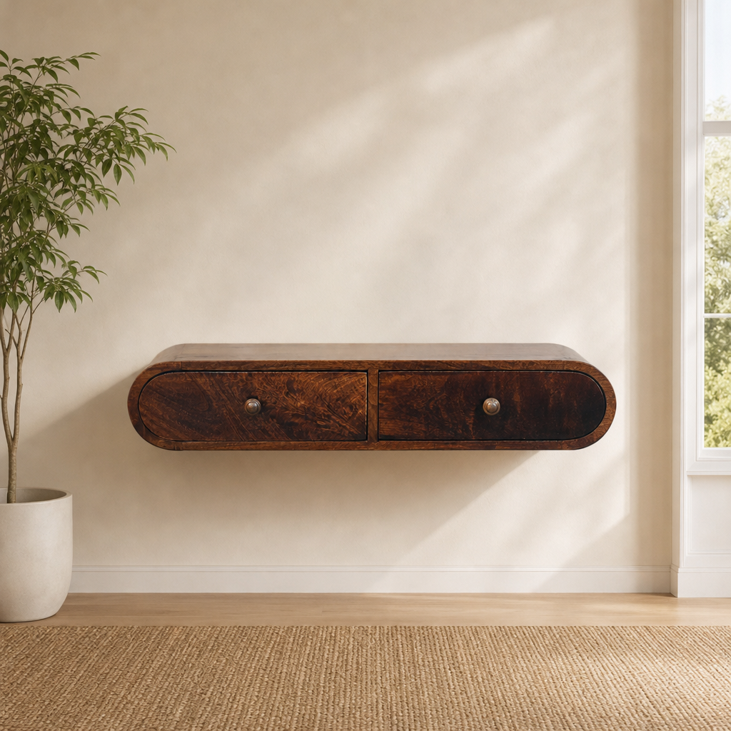 Wall-Mounted California Walnut Console Table with Two Drawers centered in a warm neutral furnished room