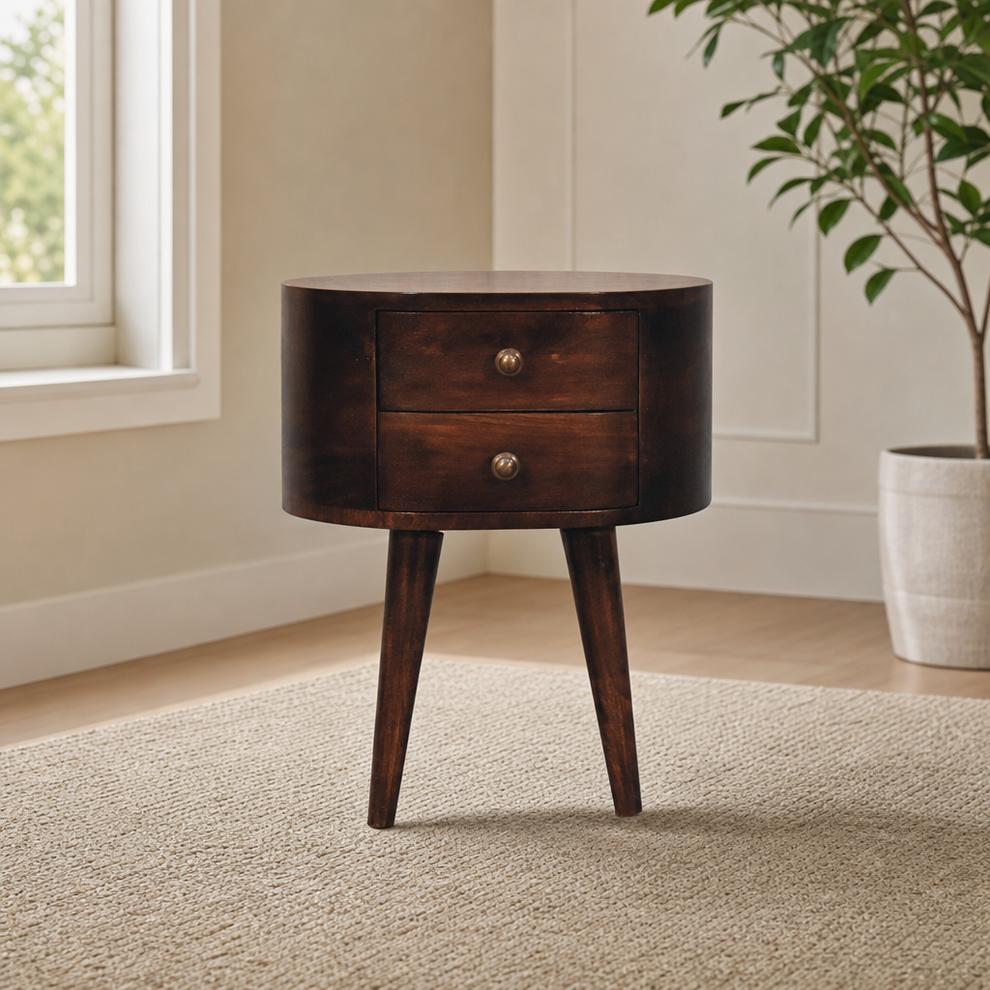 Rounded Bedside Table in California Walnut with Two Drawers centered in a warm neutral furnished room