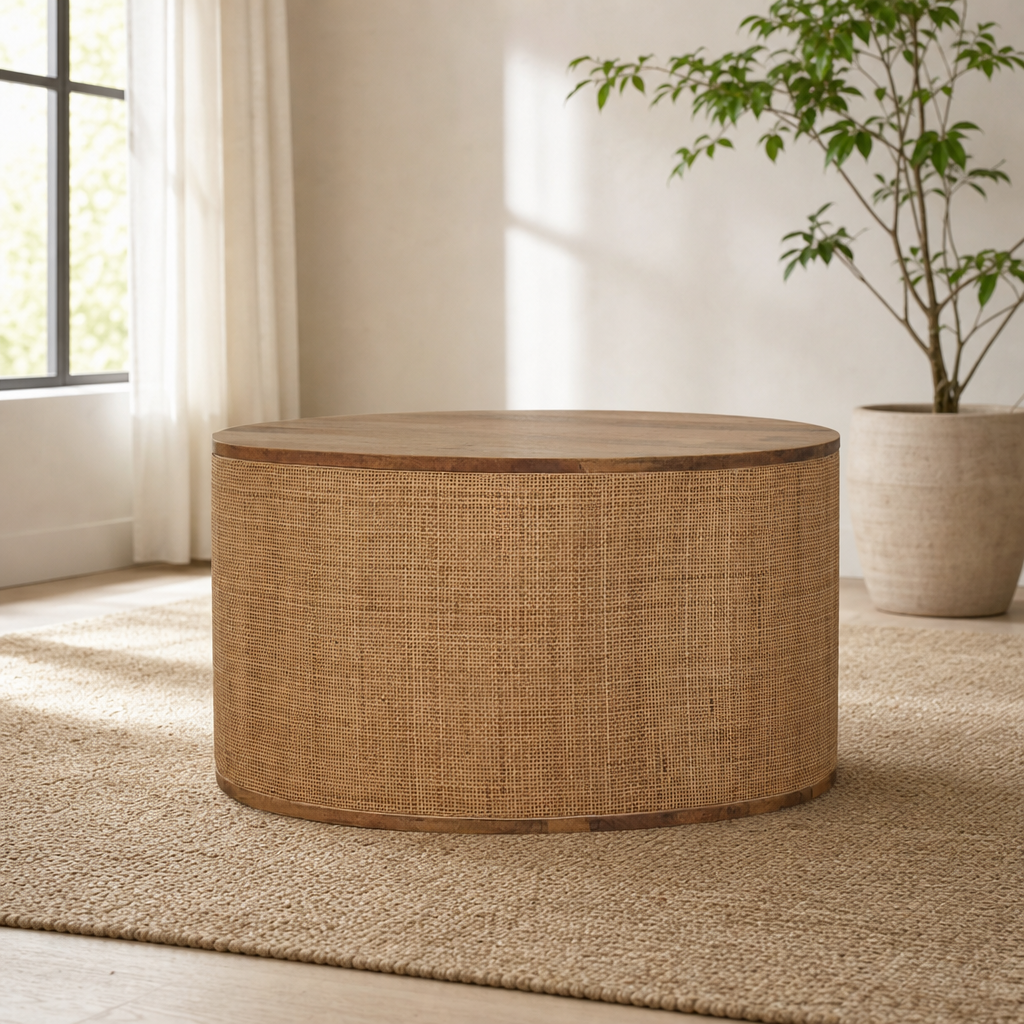 Larissa Round Coffee Table centered in a warm neutral furnished room