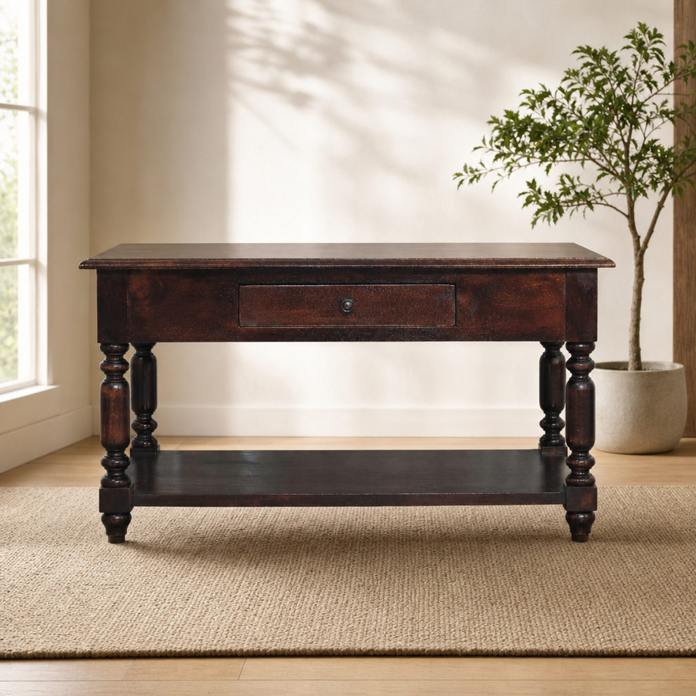 Mango Wood Console Table with Cherry Finish and Turned Legs centered in a warm neutral furnished room