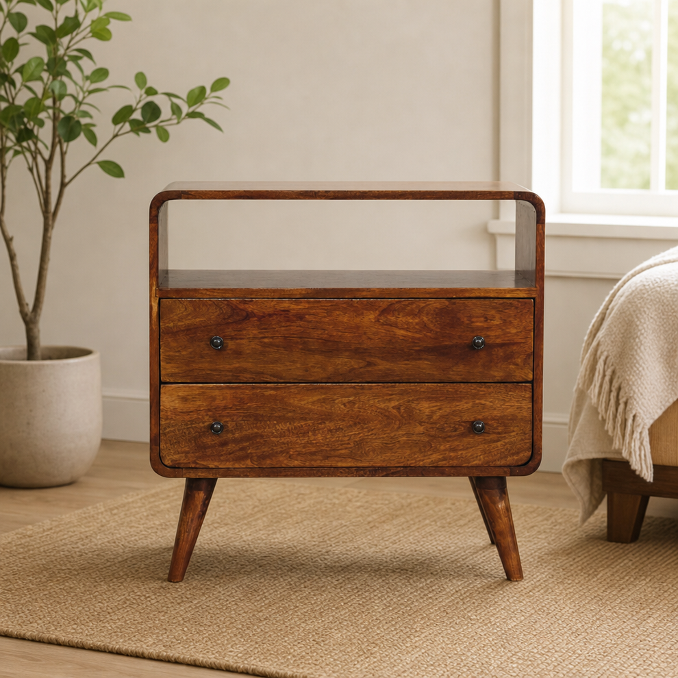 Curved Nordic Charm Chest centered in a warm neutral furnished room