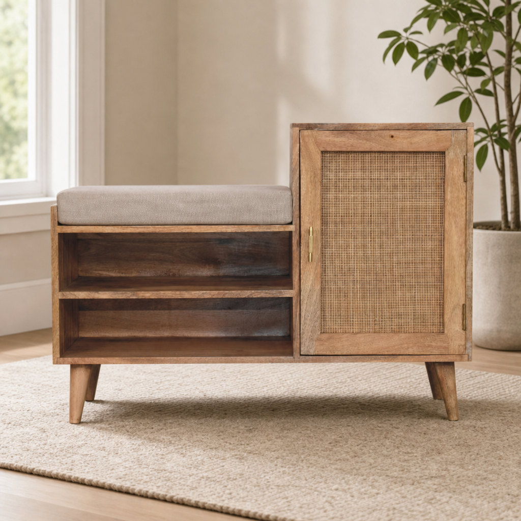 Larissa Mango Wood Storage Bench with Cane Door centered in a warm neutral furnished room