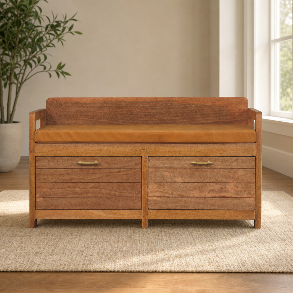 Oxford Mango Wood Storage Bench with Buffalo Hide Leather Seat and 2 Drawers centered in a warm neutral furnished room