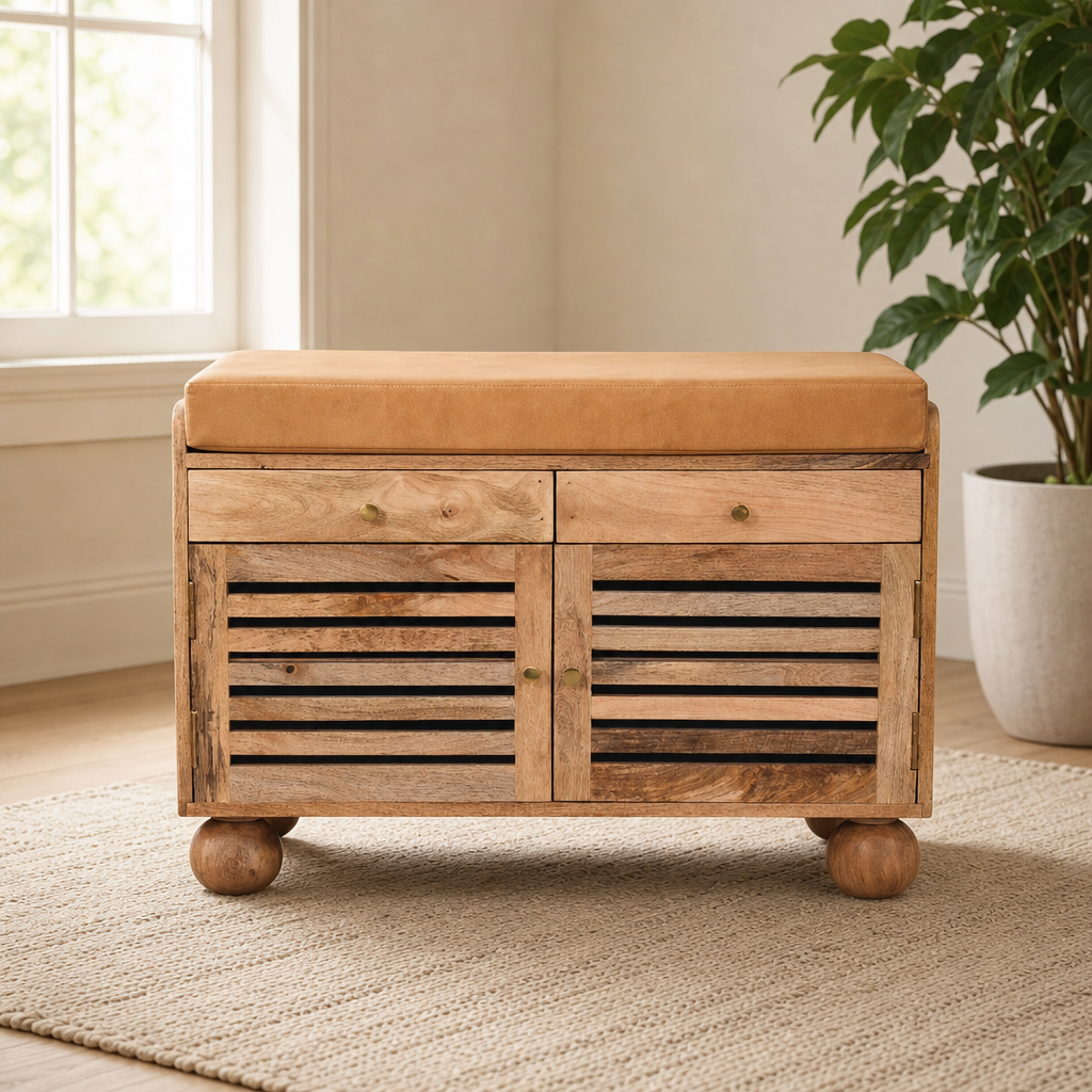 Windsor Solid Mango Wood Shoe Rack Bench with 2 Drawers centered in a warm neutral furnished room