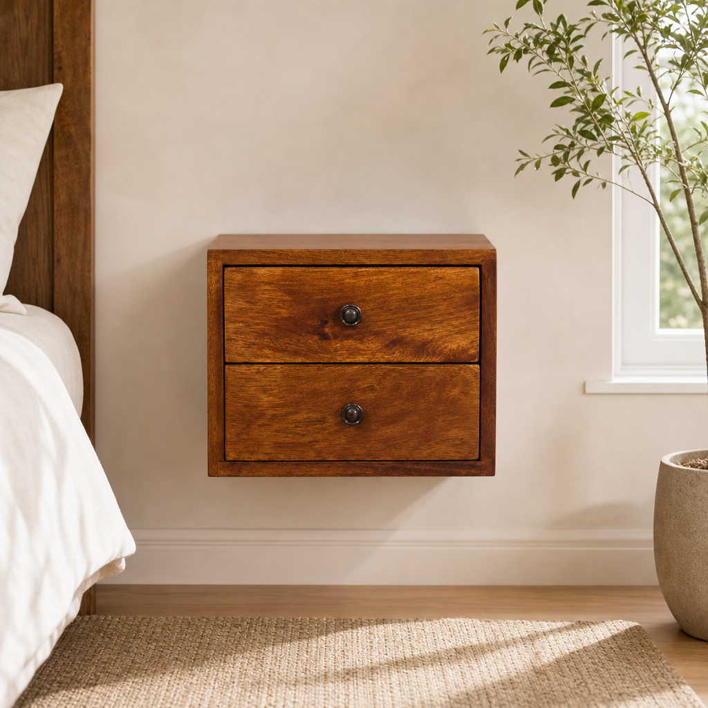 Solis 2-Drawer Chestnut Wall Mounted Nightstand centered in a warm neutral furnished room