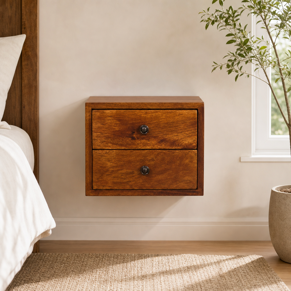Solis 2-Drawer Chestnut Wall Mounted Nightstand centered in a warm neutral furnished room