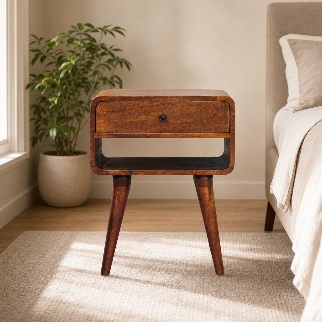 Avora Chestnut Nightstand with Drawer and Open Shelf centered in a warm neutral furnished room