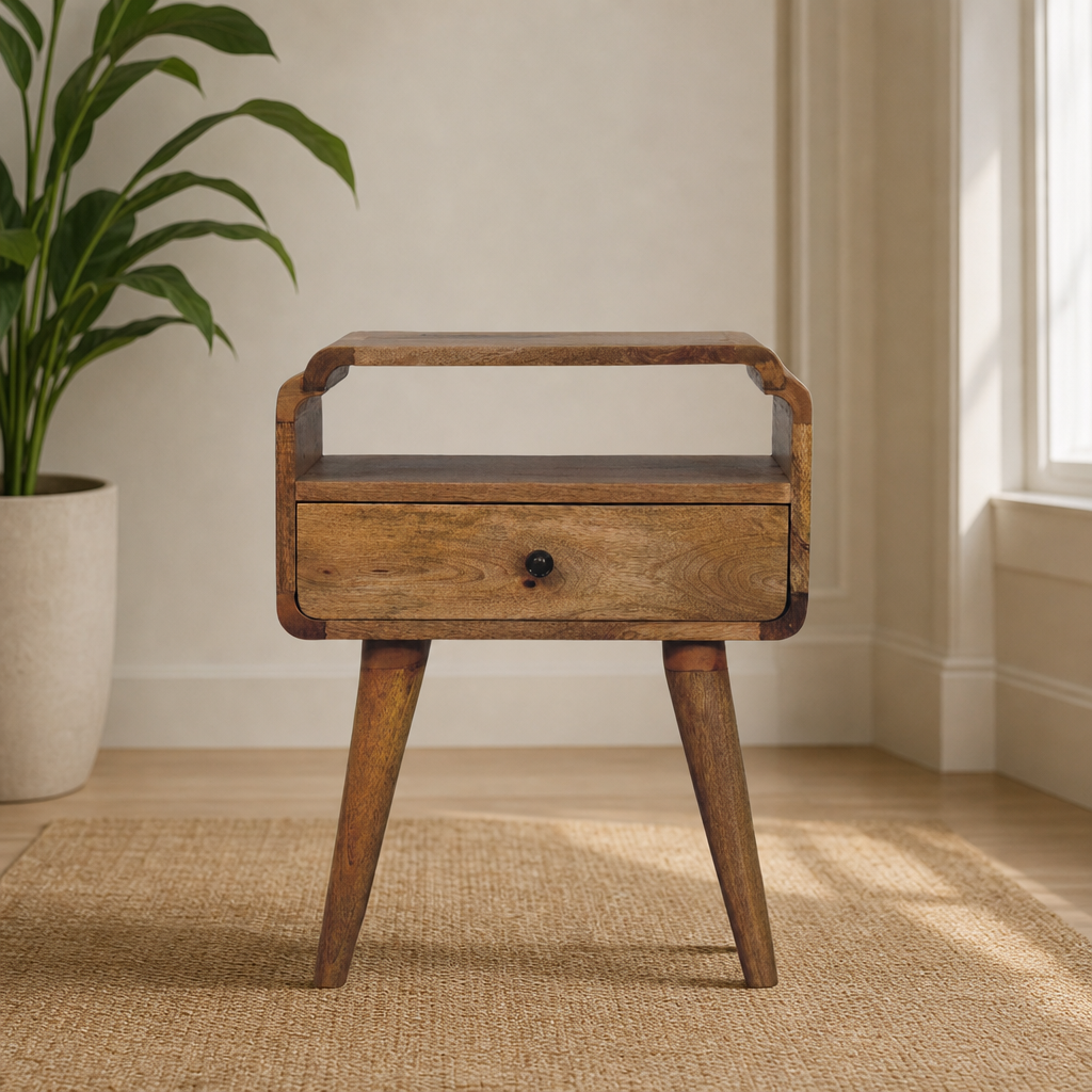 Newton Solid Mango Wood Nightstand with Oak-Ish Finish centered in a warm neutral furnished room