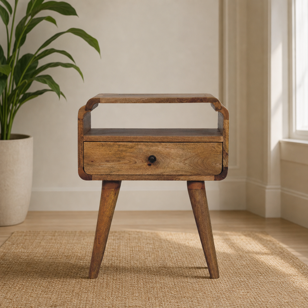 Newton Solid Mango Wood Nightstand with Oak-Ish Finish centered in a warm neutral furnished room