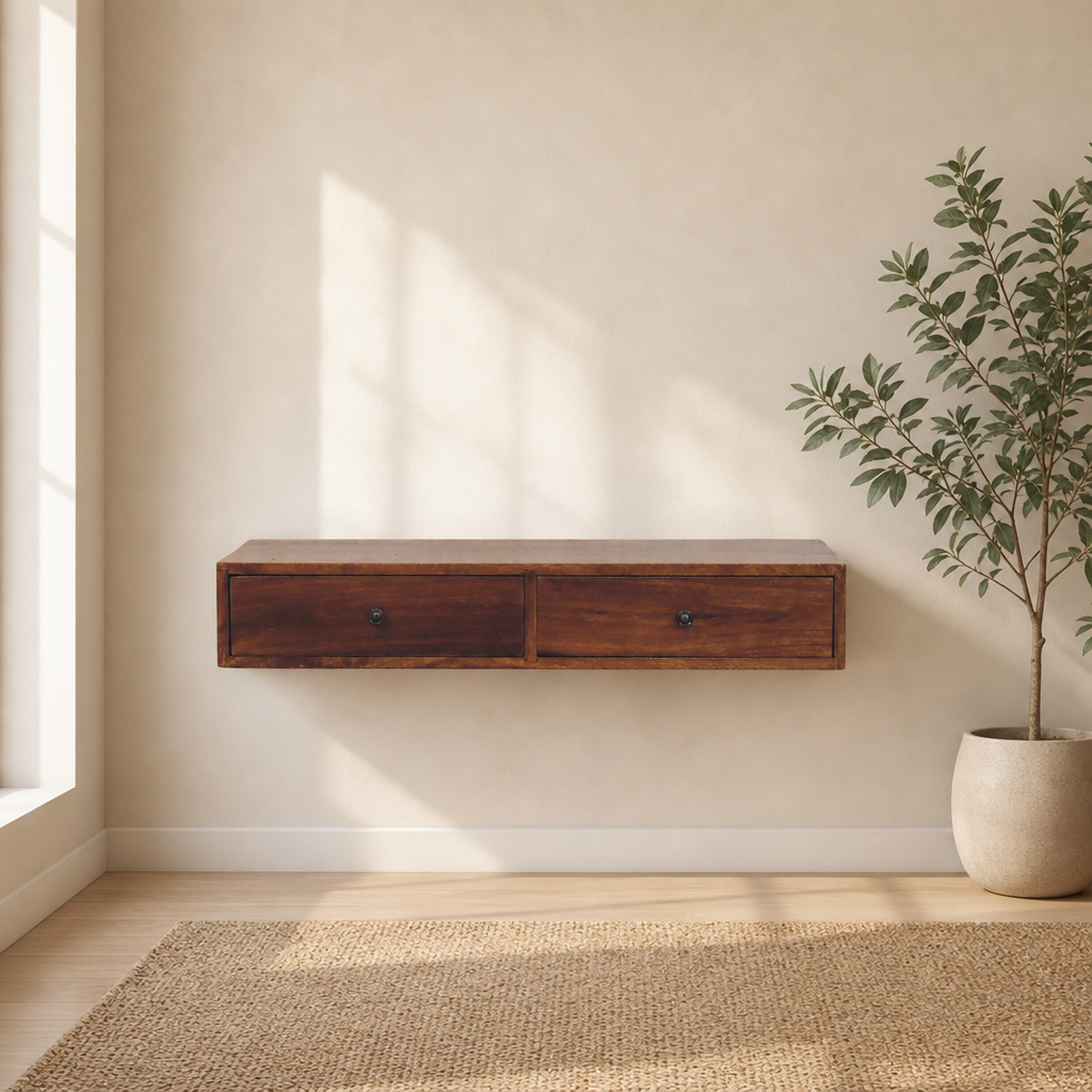 Lunar 2 Drawer Chestnut Wall Mounted Console centered in a warm neutral furnished room