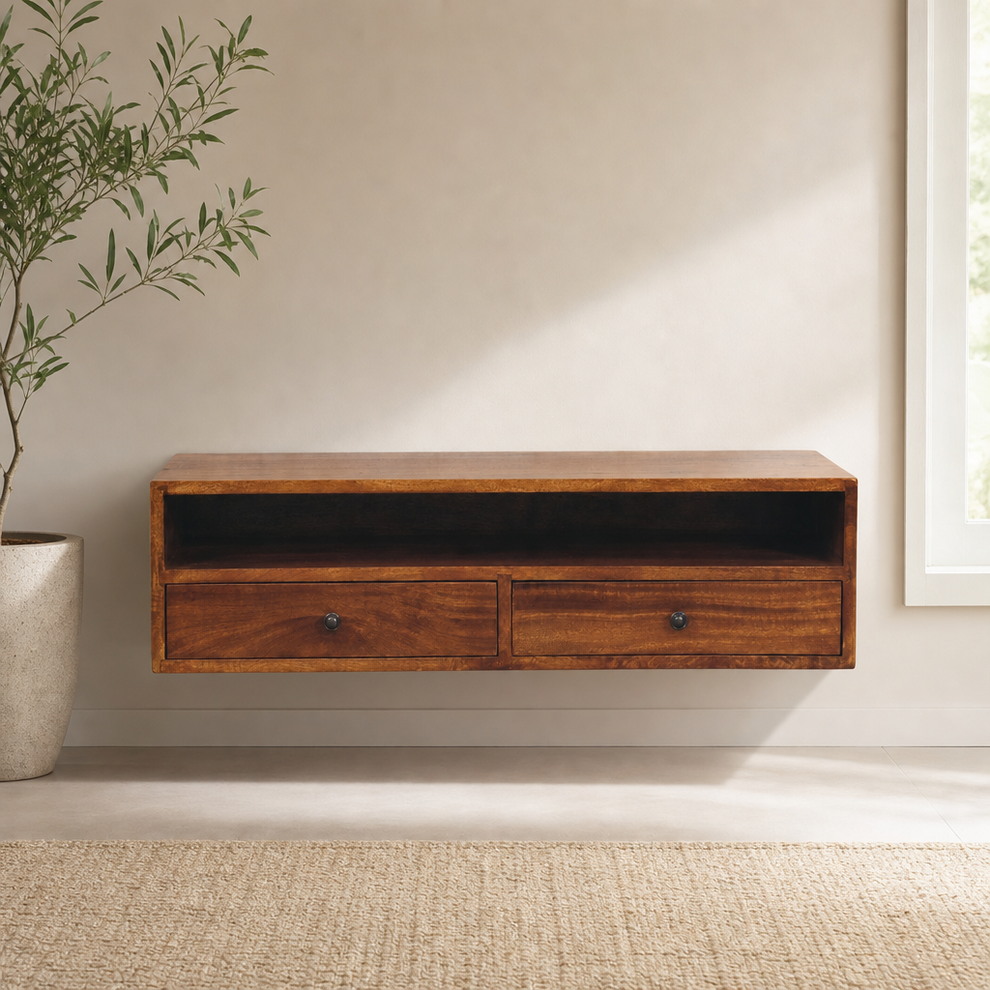Lunar 2 Drawer Chestnut Wall Mounted Media Unit centered in a warm neutral furnished room