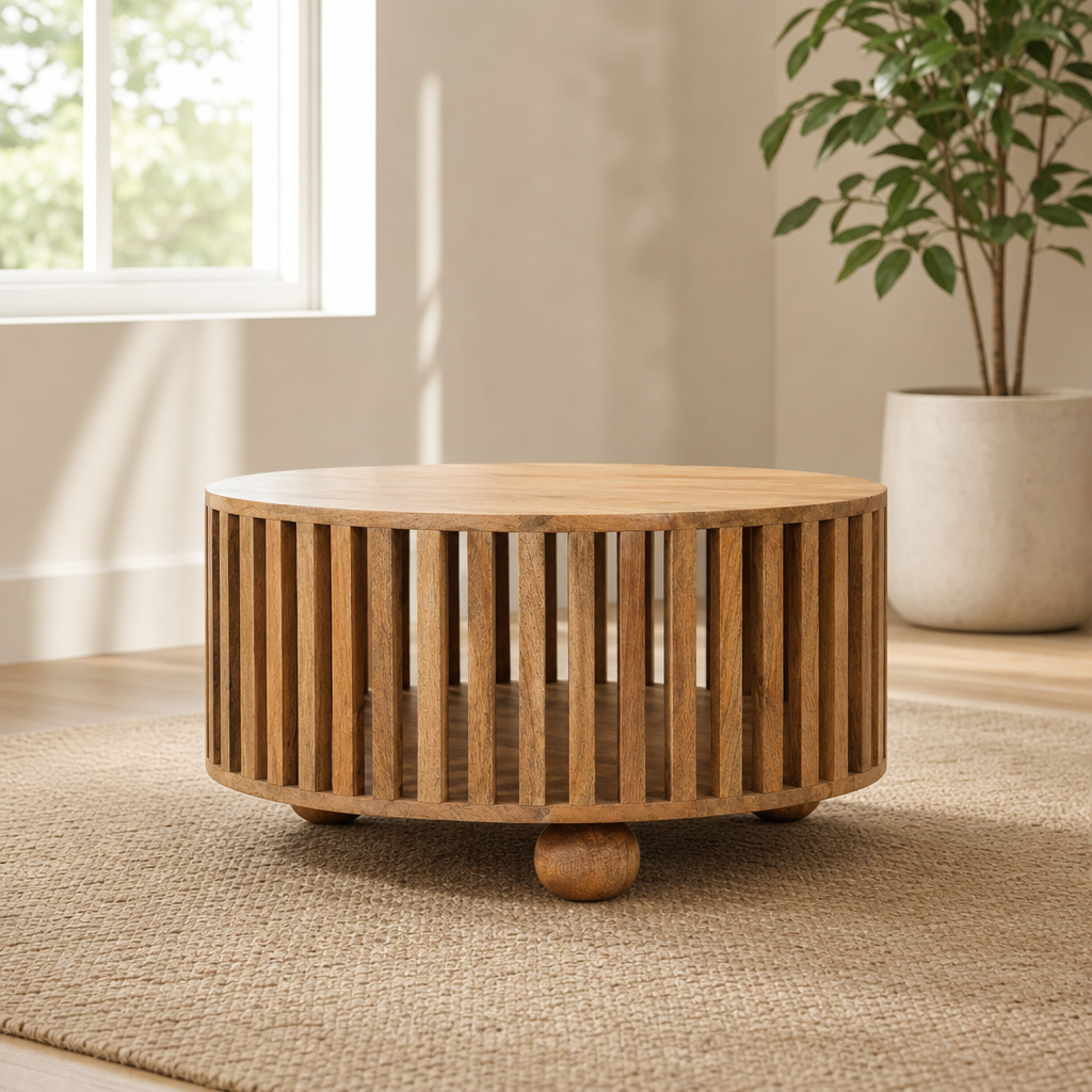 Round Slatted Solid Mango Wood Coffee Table centered in a warm neutral furnished room