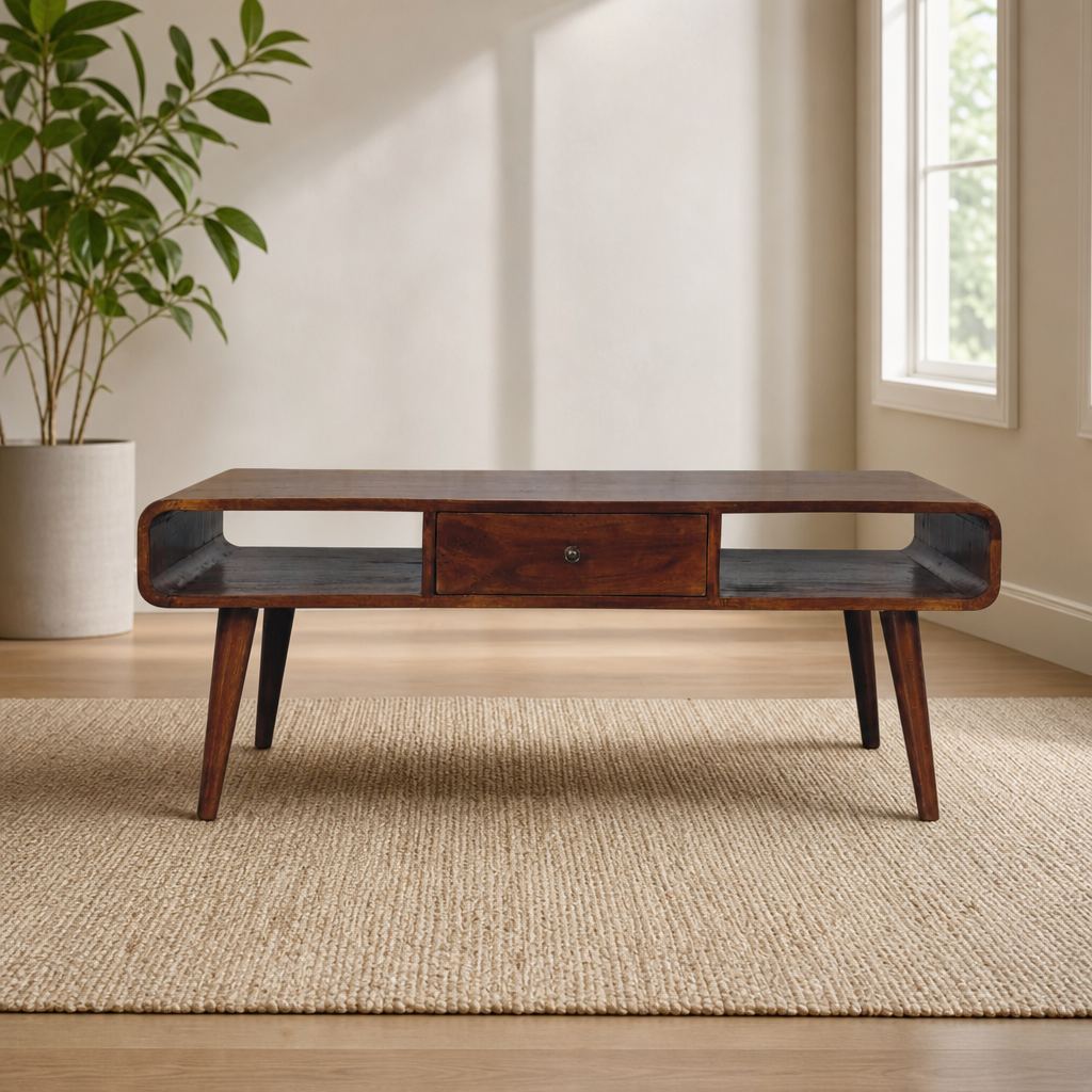 Avora 2 Drawer Chestnut Coffee Table centered in a warm neutral furnished room
