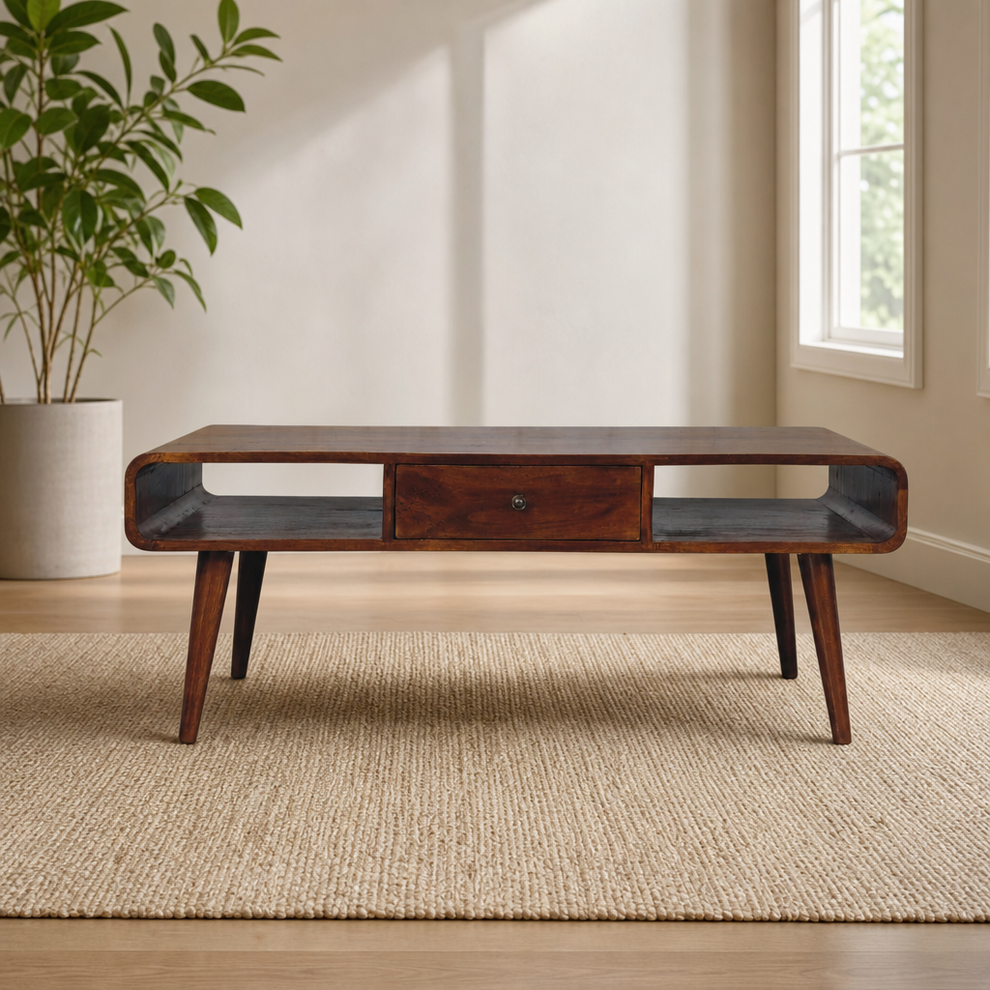 Avora 2 Drawer Chestnut Coffee Table centered in a warm neutral furnished room