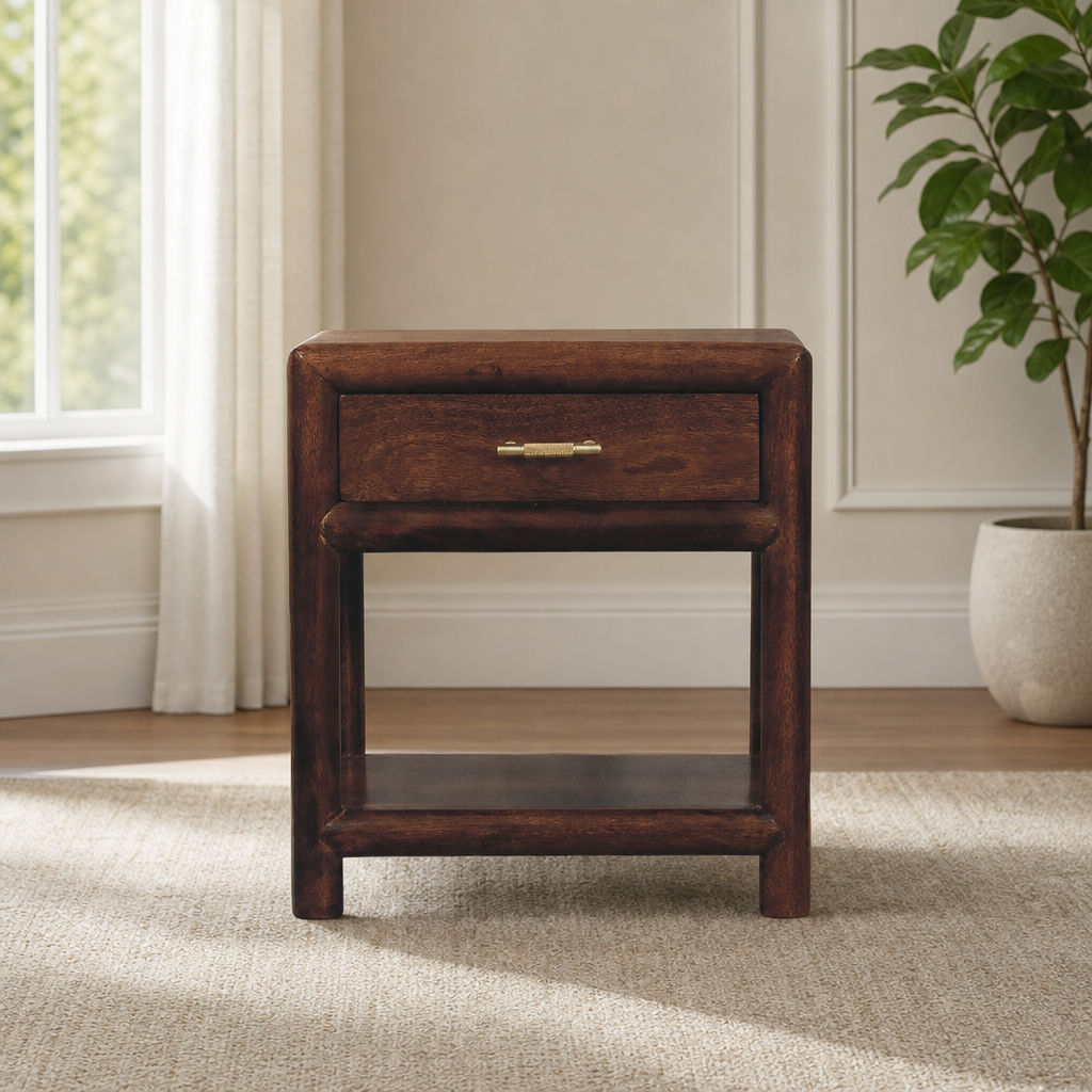 Regency Chestnut Nightstand centered in a warm neutral furnished room