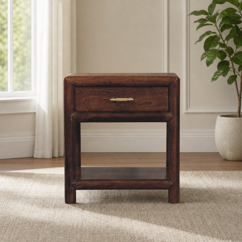 Regency Chestnut Nightstand centered in a warm neutral furnished room