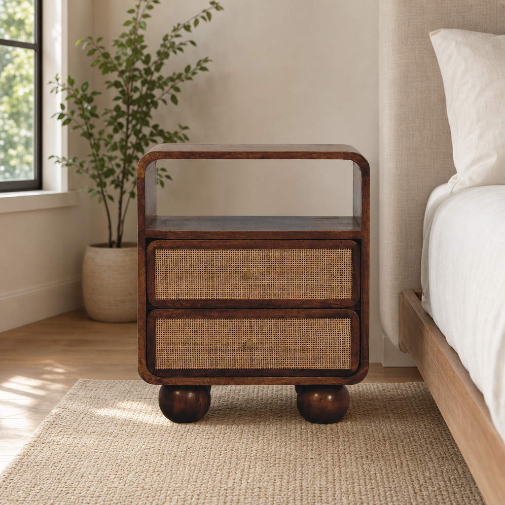 Larissa 2 Drawer Chestnut Nightstand centered in a warm neutral furnished room