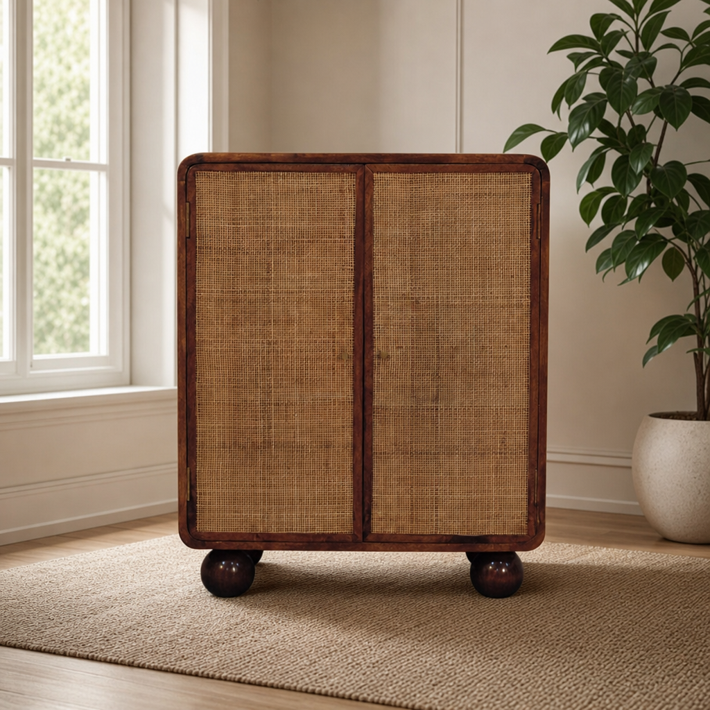 Larissa 2 Door Chestnut Cabinet centered in a warm neutral furnished room