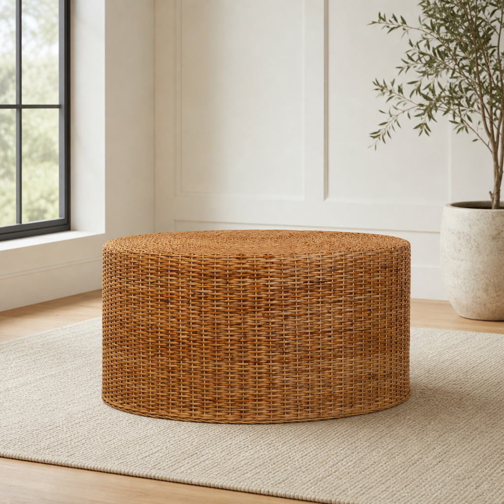 Regency Round Woven Coffee Table centered in a warm neutral furnished room