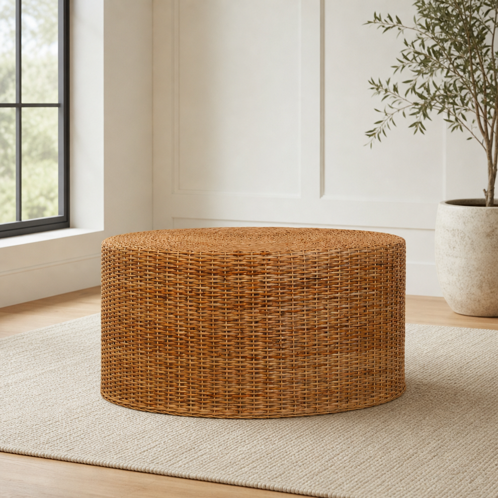 Regency Round Woven Coffee Table centered in a warm neutral furnished room