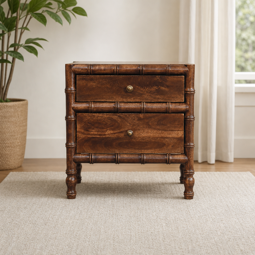Solid Mango Wood Nightstand in Roasted Almond centered in a warm neutral furnished room