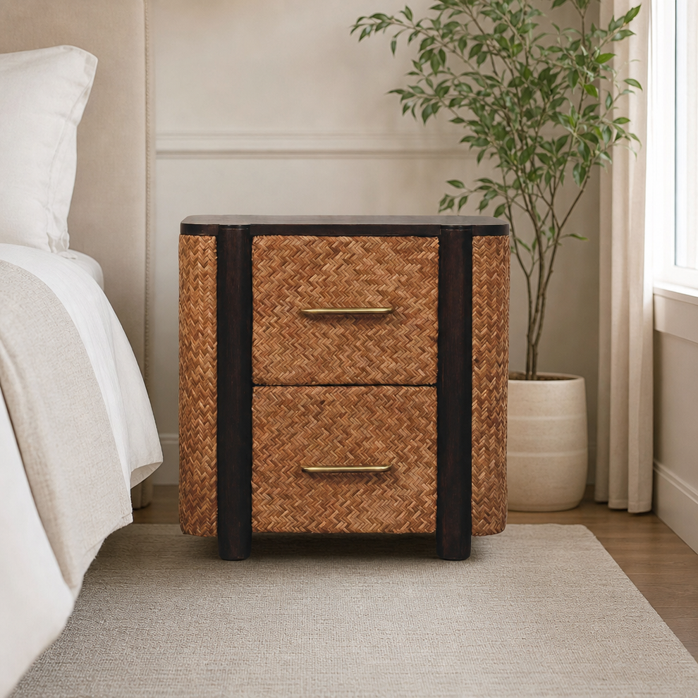 Havana Cane-Front Nightstand centered in a warm neutral furnished room