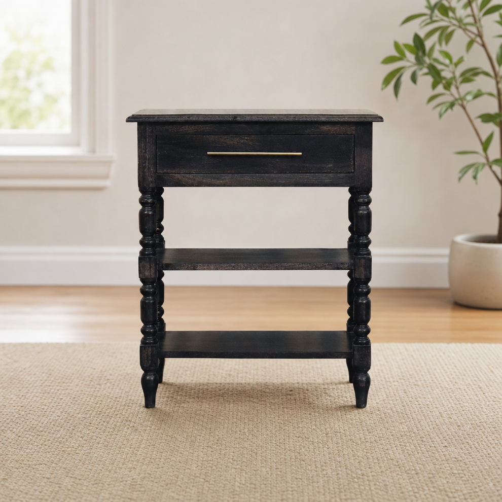 Heritage Turned-Leg Side Table centered in a warm neutral furnished room