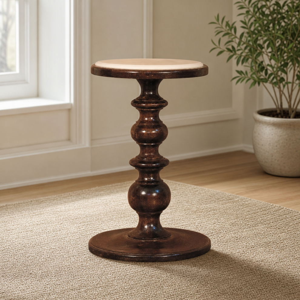 Bellmont Marble-Top Side Table centered in a warm neutral furnished room