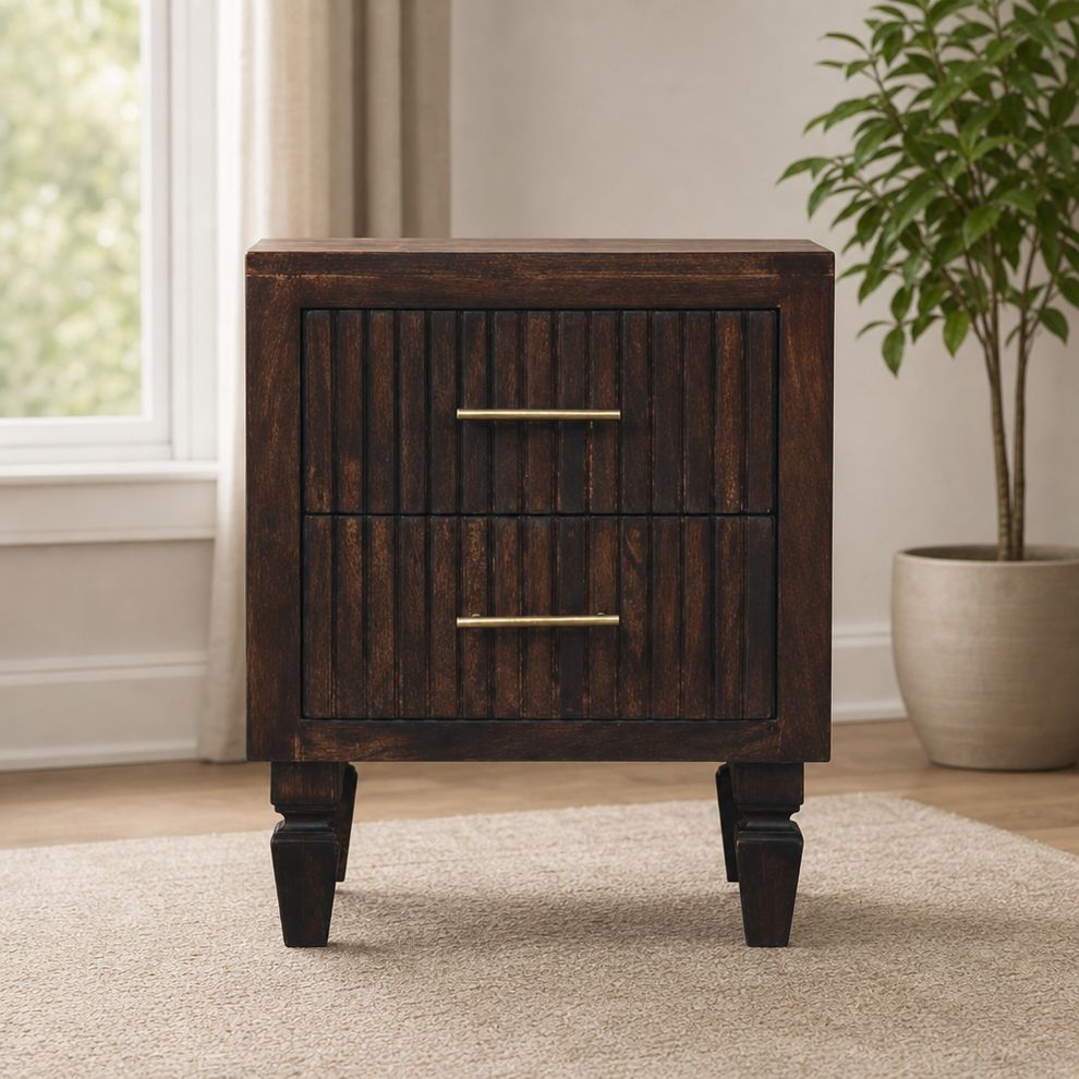 Belmont 2 Drawer Nightstand centered in a warm neutral furnished room
