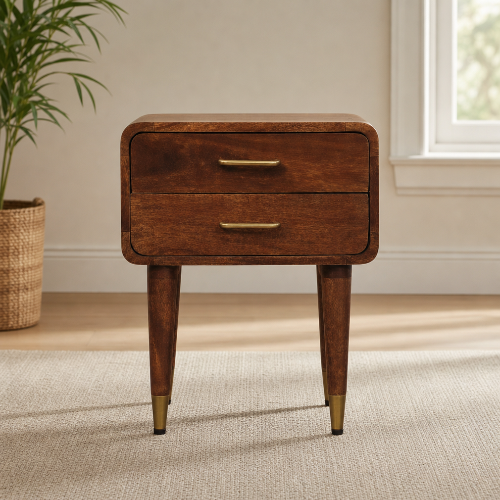 Valenza Two-Drawer Bedside Table centered in a warm neutral furnished room