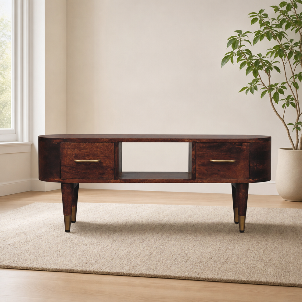 Valenza Curved Media Console centered in a warm neutral furnished room