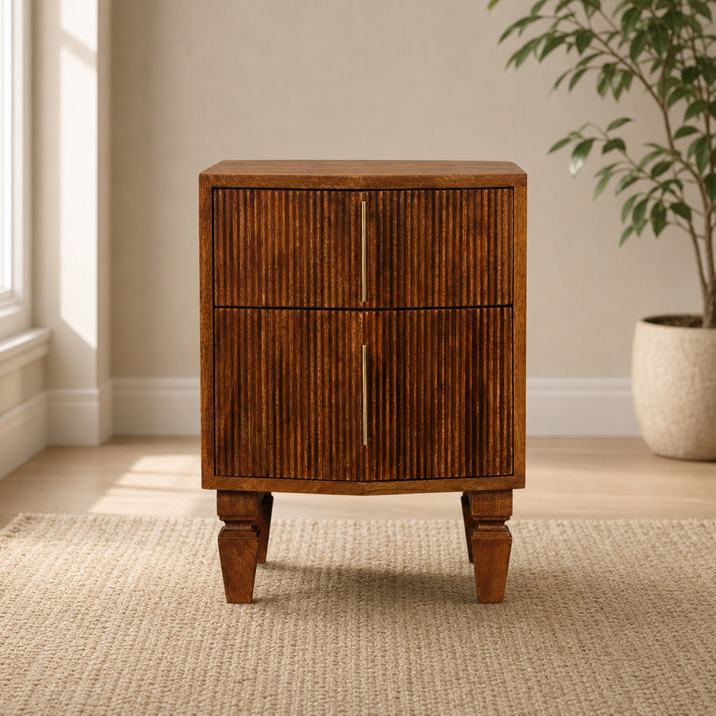 Louvre Bedside Unit centered in a warm neutral furnished room