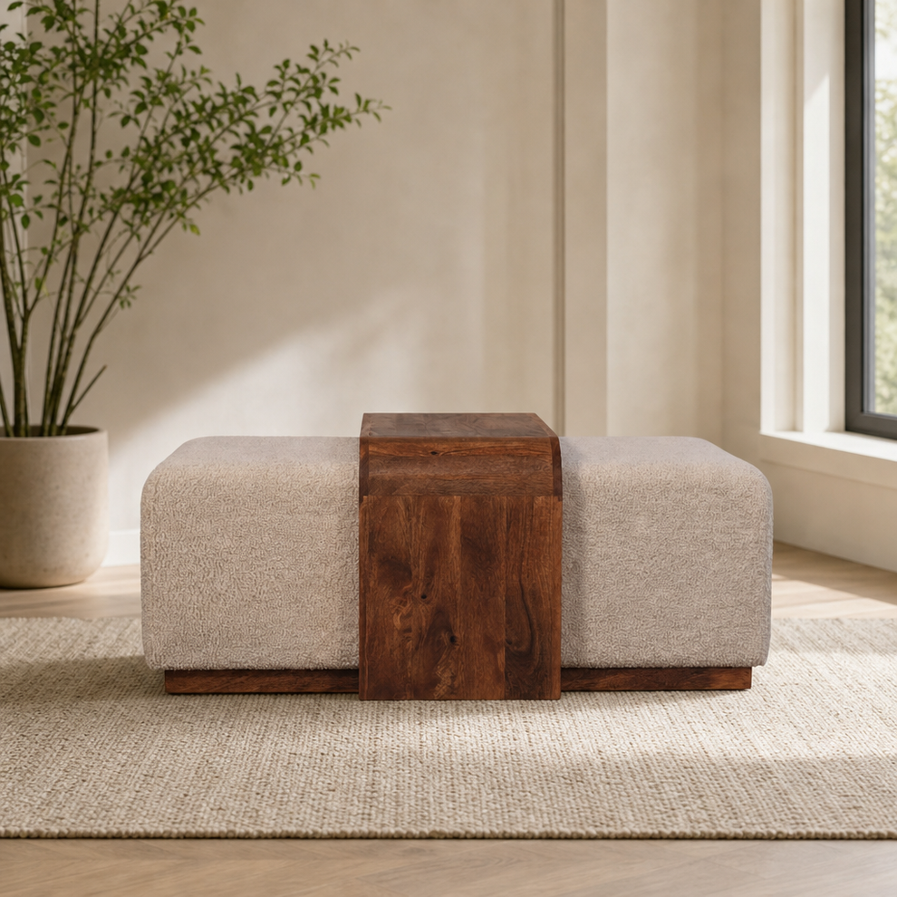 Arden Two-Seat Bench Duo with Center Table centered in a warm neutral furnished room