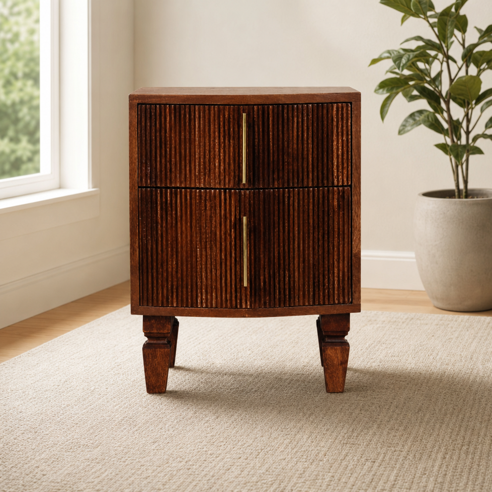 Harper Nightstand centered in a warm neutral furnished room