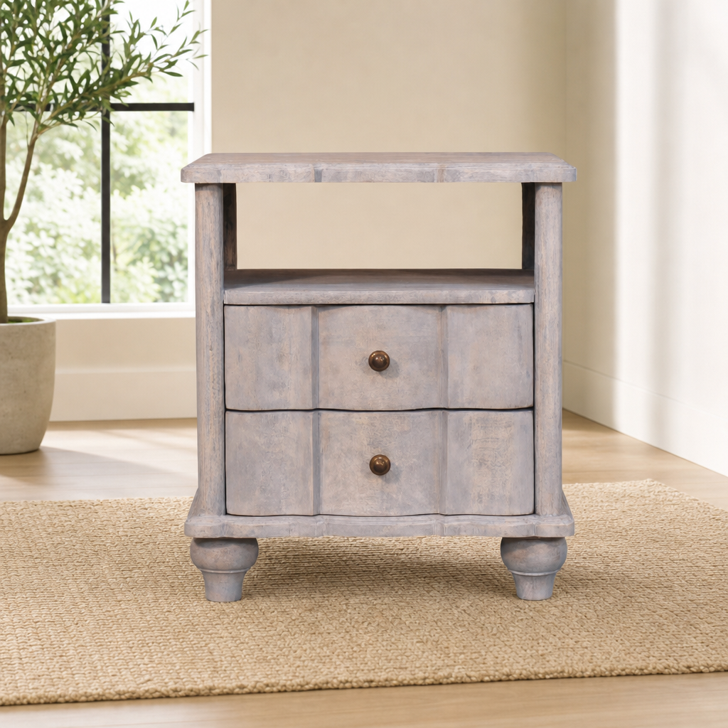 Lume Washed Open-Shelf Bedside centered in a warm neutral furnished room
