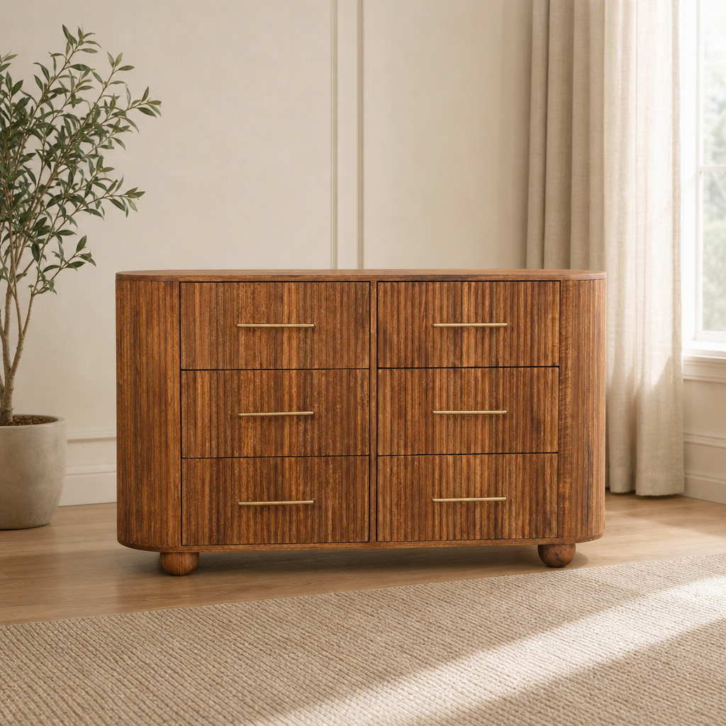 Ridgefront Chest - Amber Oak centered in a warm neutral furnished room