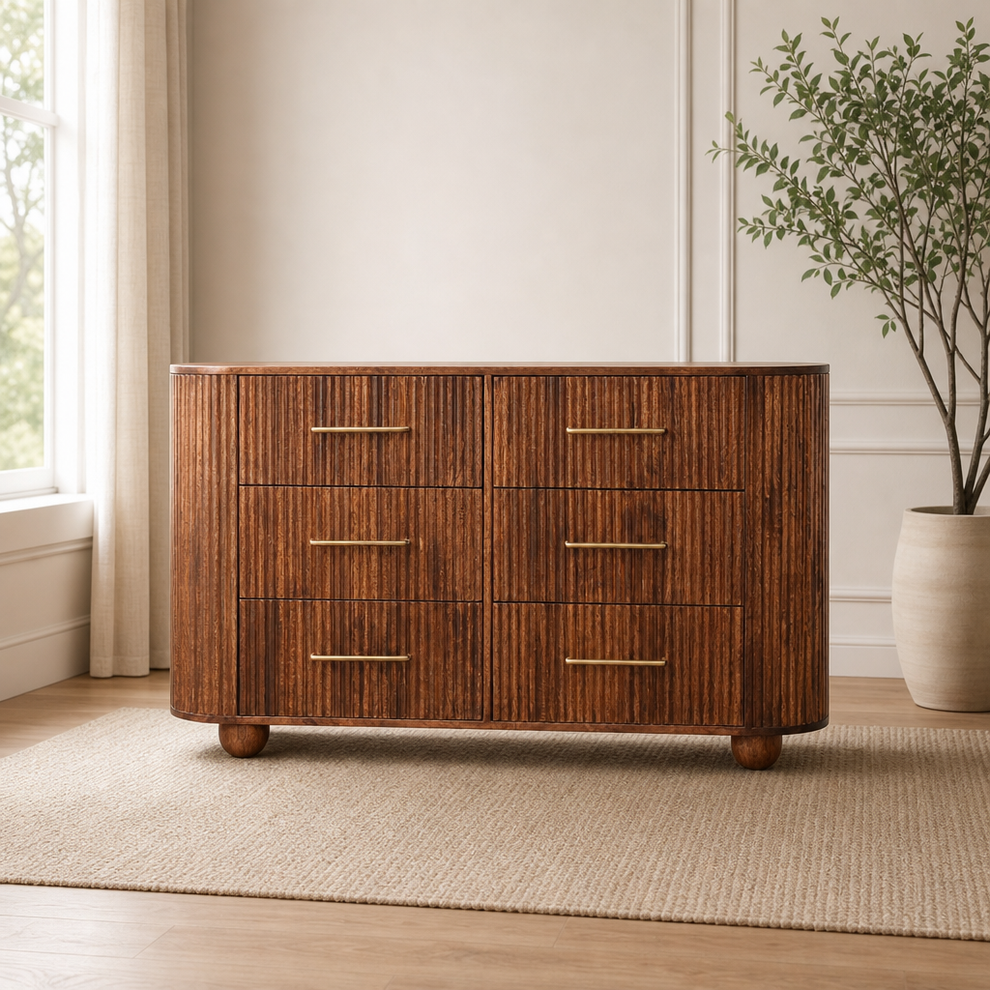 Ridgefront Chest - Roasted Almond centered in a warm neutral furnished room