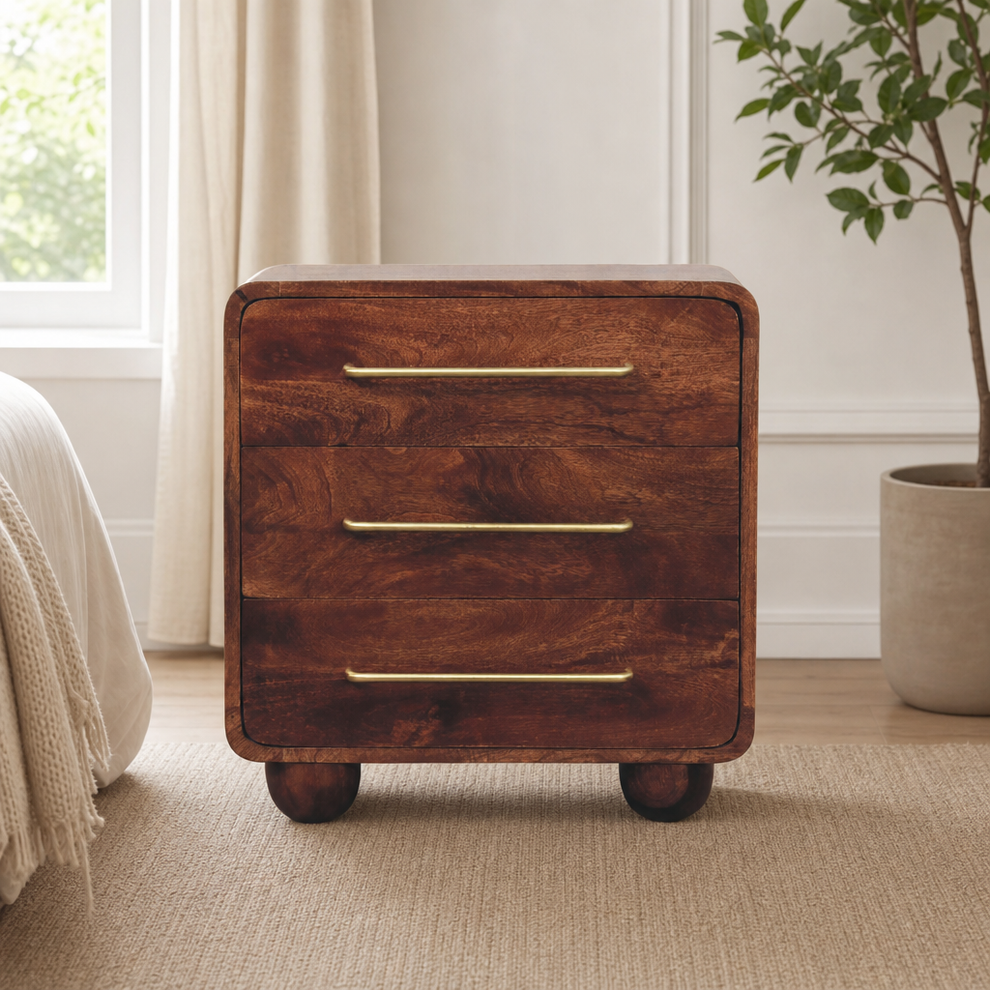 3-Drawer Rounded Chest centered in a warm neutral furnished room