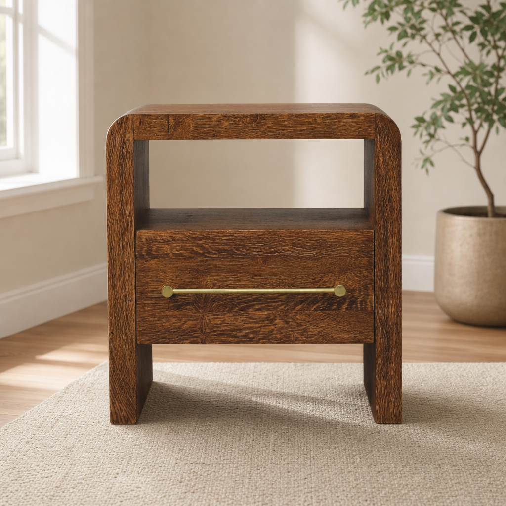 Aurelio Smoked Oak Open Bedside centered in a warm neutral furnished room