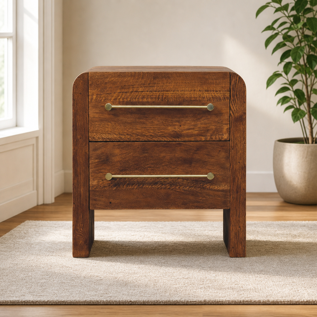 Aurelio Two-Drawer Bedside Table centered in a warm neutral furnished room