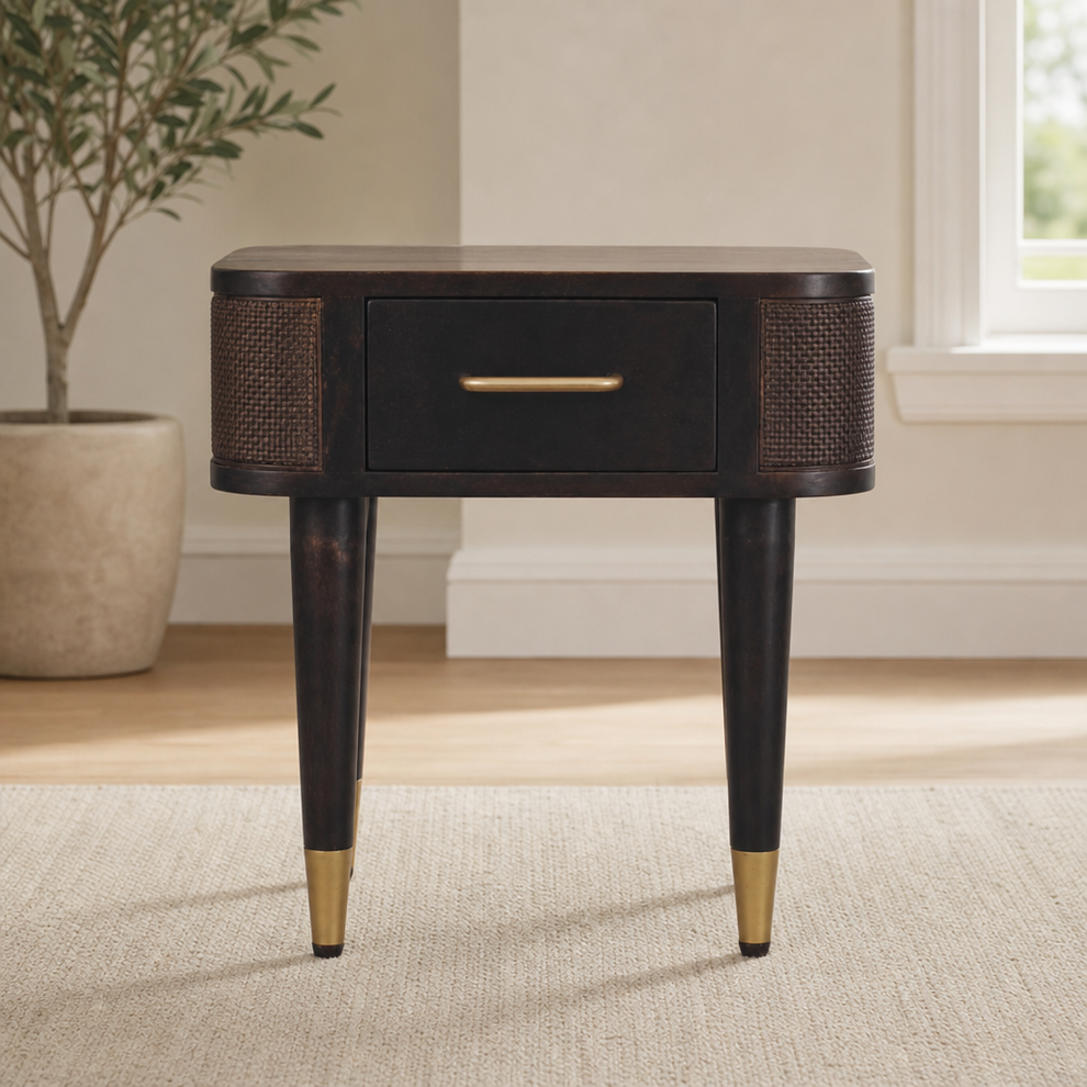 Belmont Mango Wood Nightstand with Rattan Panels centered in a warm neutral furnished room