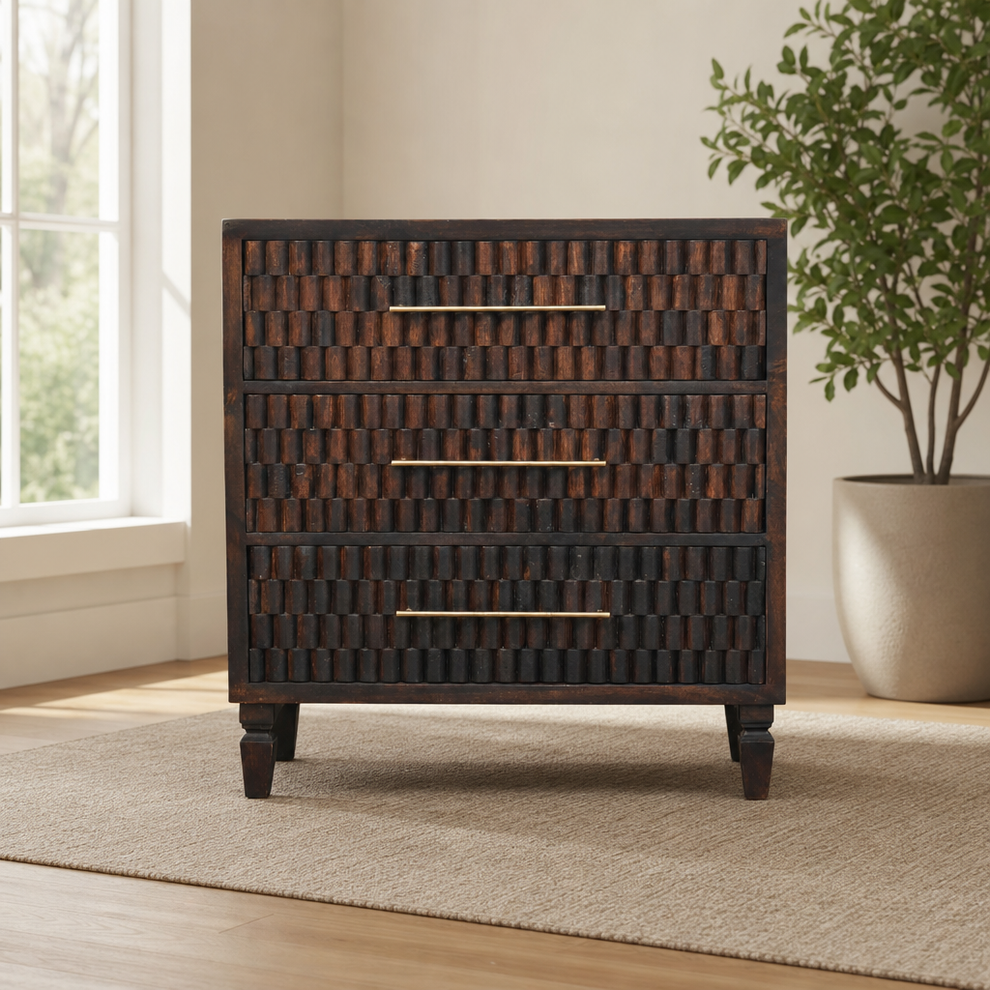 Cadiz Carved Drawer Chest centered in a warm neutral furnished room