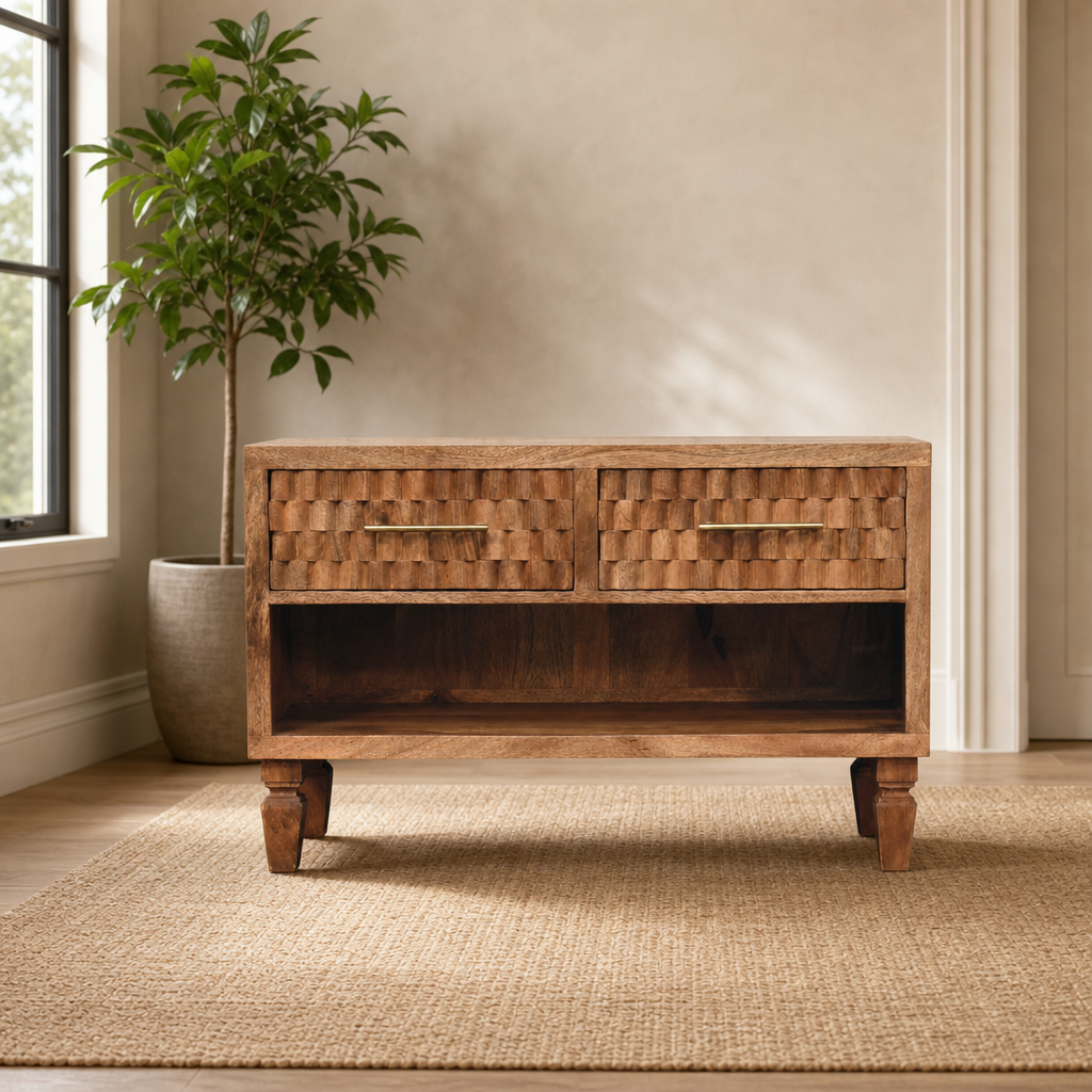 Cadiz Carved Entryway Shoe Cabinet centered in a warm neutral furnished room