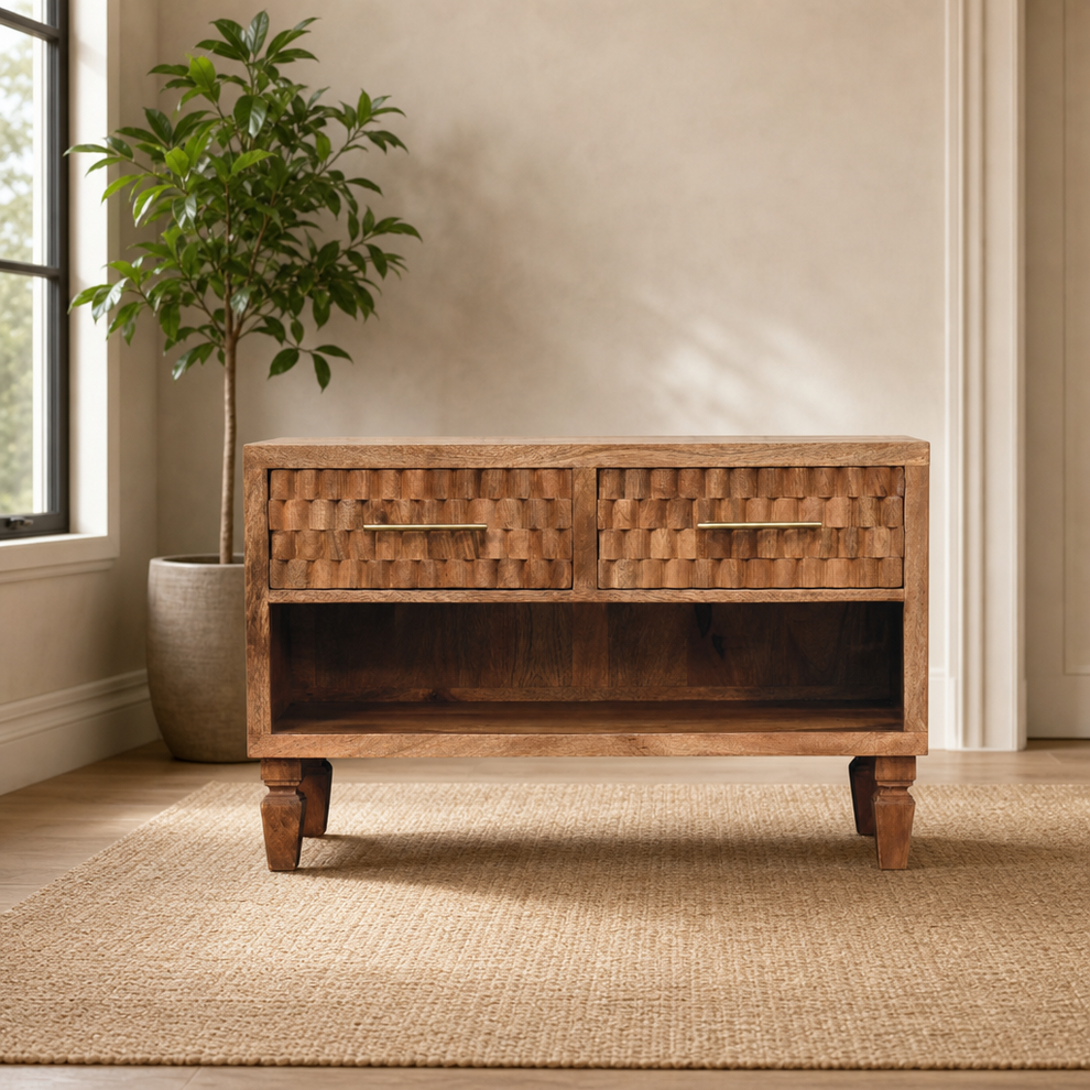 Cadiz Carved Entryway Shoe Cabinet centered in a warm neutral furnished room