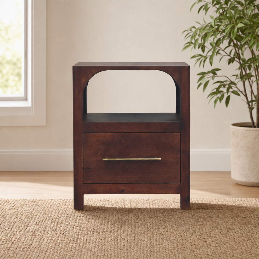 Arched Edge 1-Drawer Bedside Table centered in a warm neutral furnished room