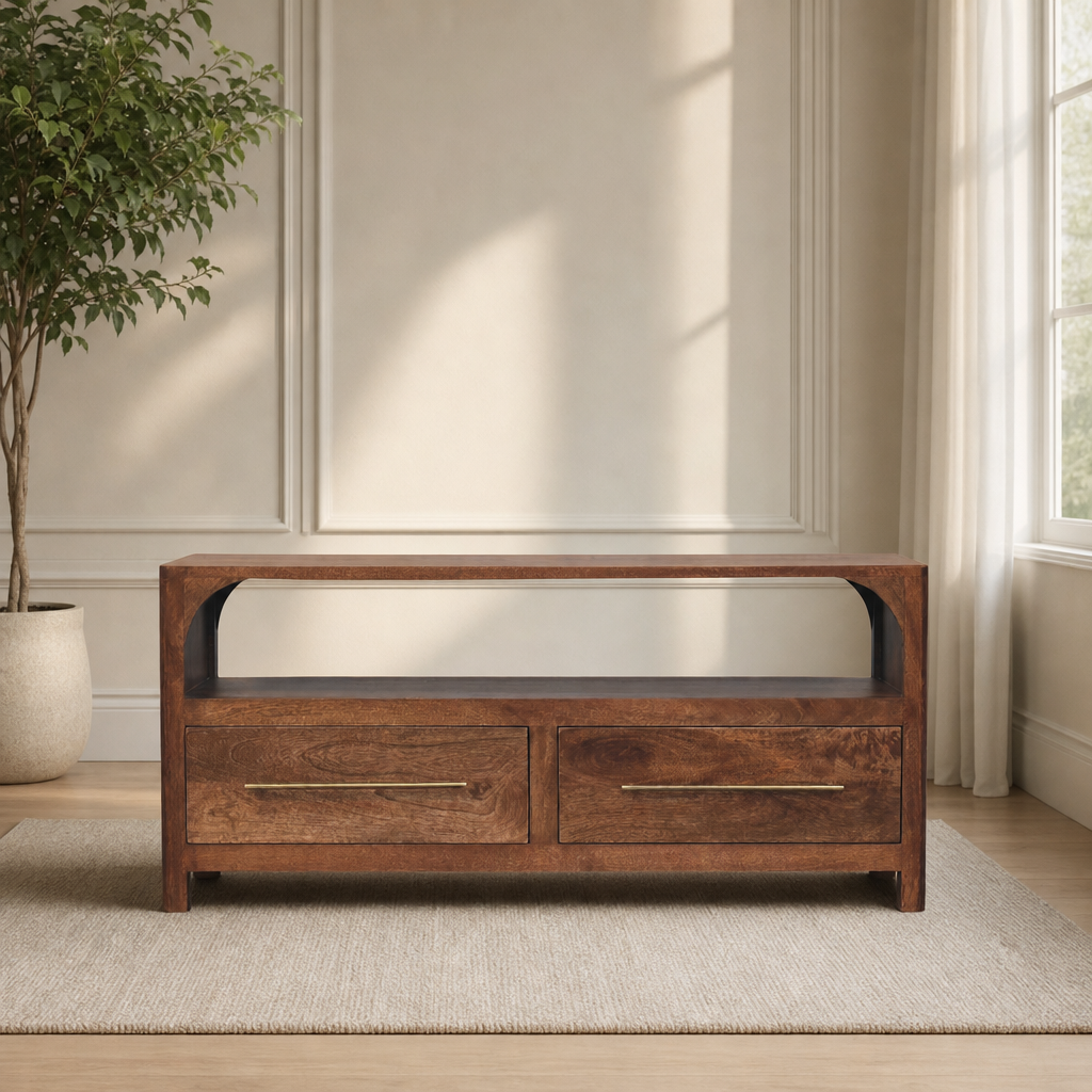 Arc-Line Media Console centered in a warm neutral furnished room