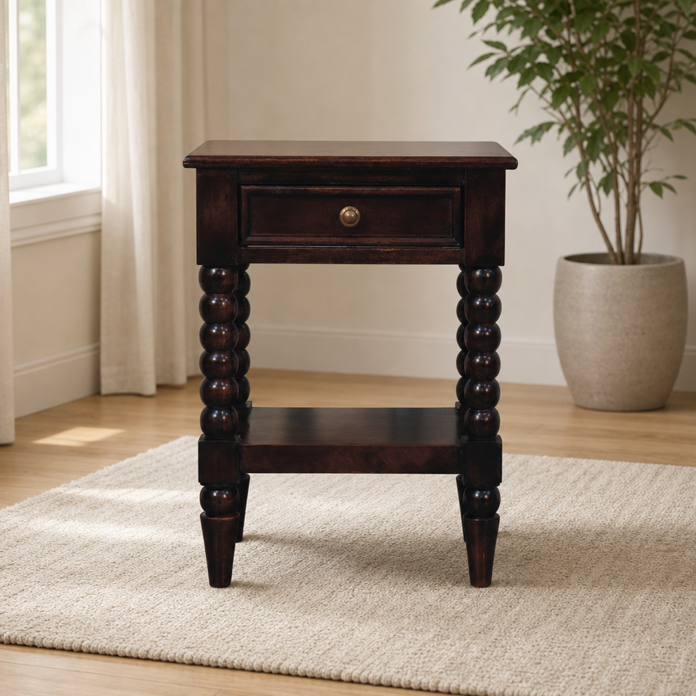 Spindle Winewood Bedside Nightstand centered in a warm neutral furnished room