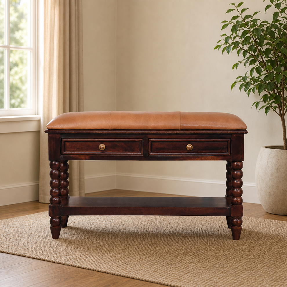 Spindle Winewood Leather Bench centered in a warm neutral furnished room